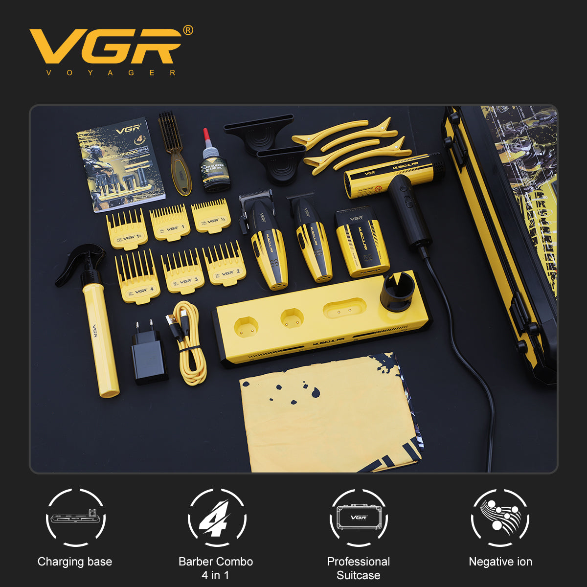 VGR V-285 S4 – set barber profesional complet cu valiză, accesorii și echipament