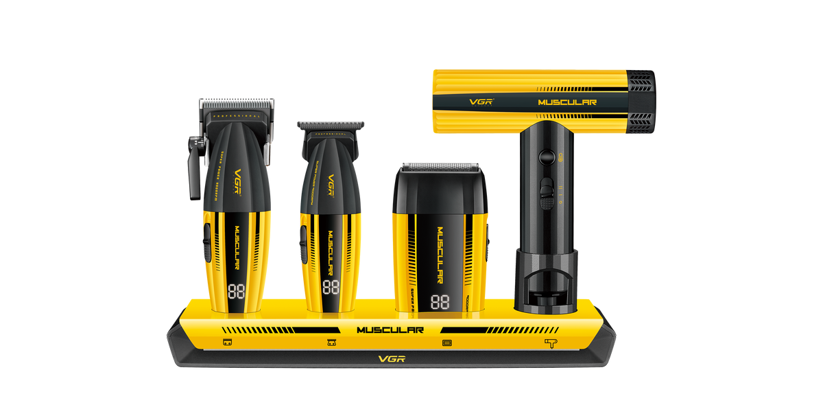 VGR V-285 S4 – set barber profesional 4 în 1 cu mașină de tuns, trimmer, aparat de ras și uscător de păr